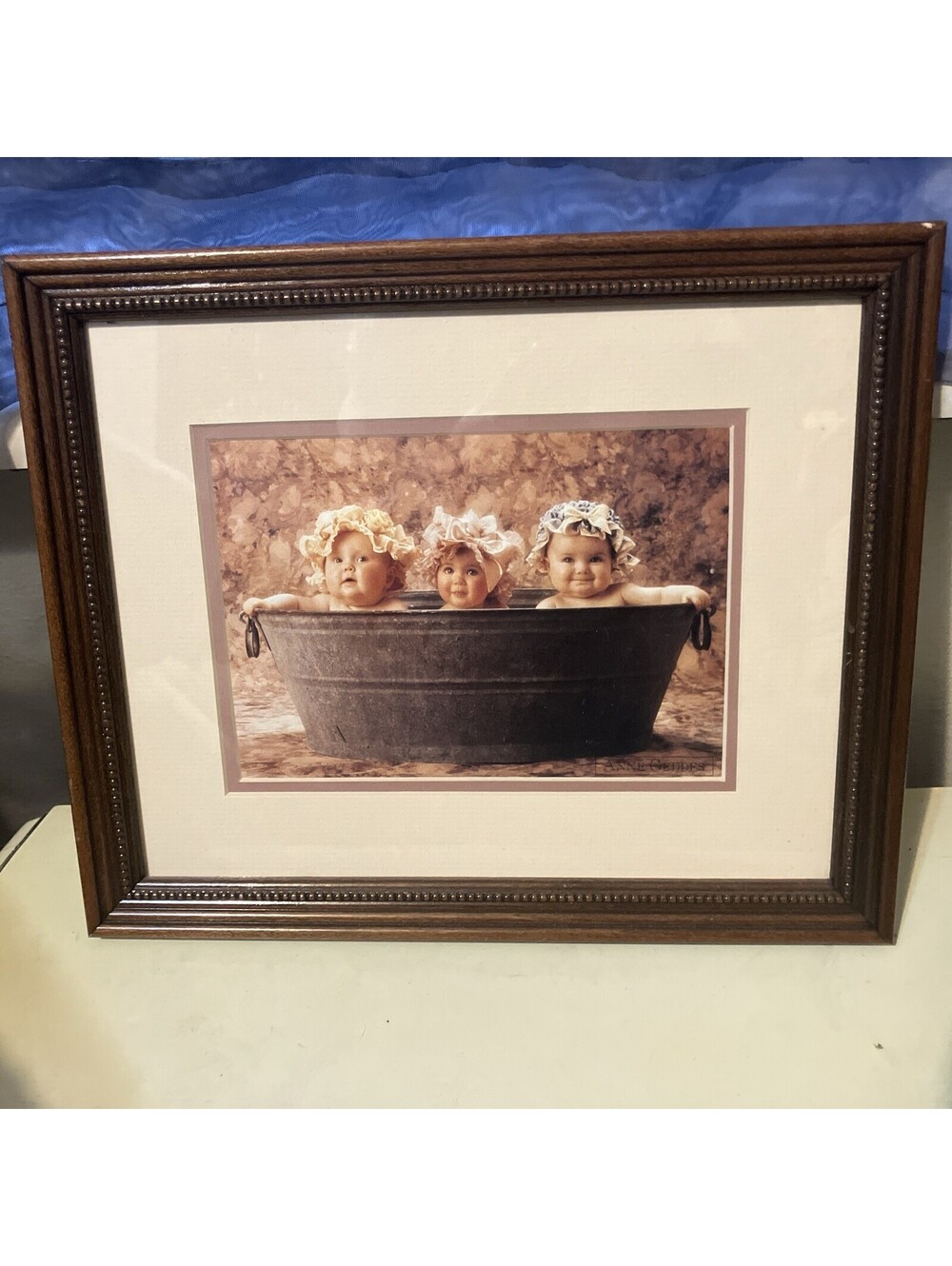 Anne Geddes Print Framed Photo 3 Babies in Washtub in Wood Frame